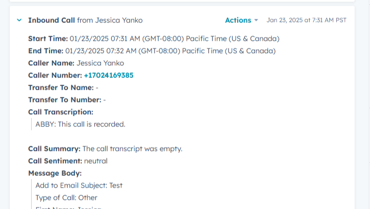 Abby Receptionist Answered Call Logged in HubSpot Activity